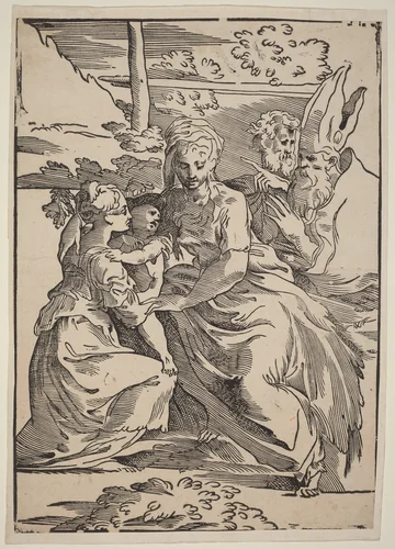 The Holy Family with Two Saints by Antonio da Trento, print, 1508-1550