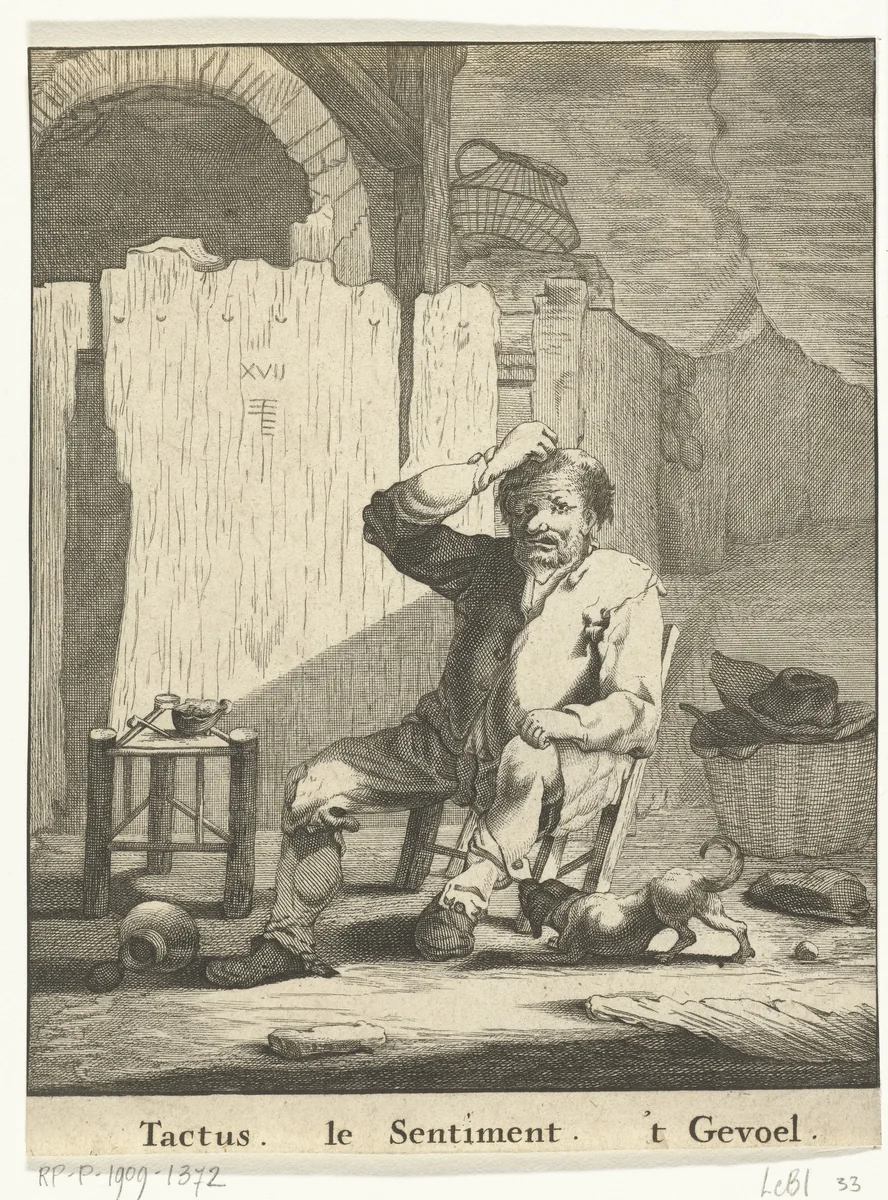 Het Gevoel: man met buil op zijn hoofd by Abraham de Blois, print, 1679-1717