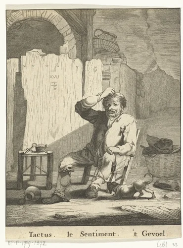 Het Gevoel: man met buil op zijn hoofd by Abraham de Blois, print, 1679-1717