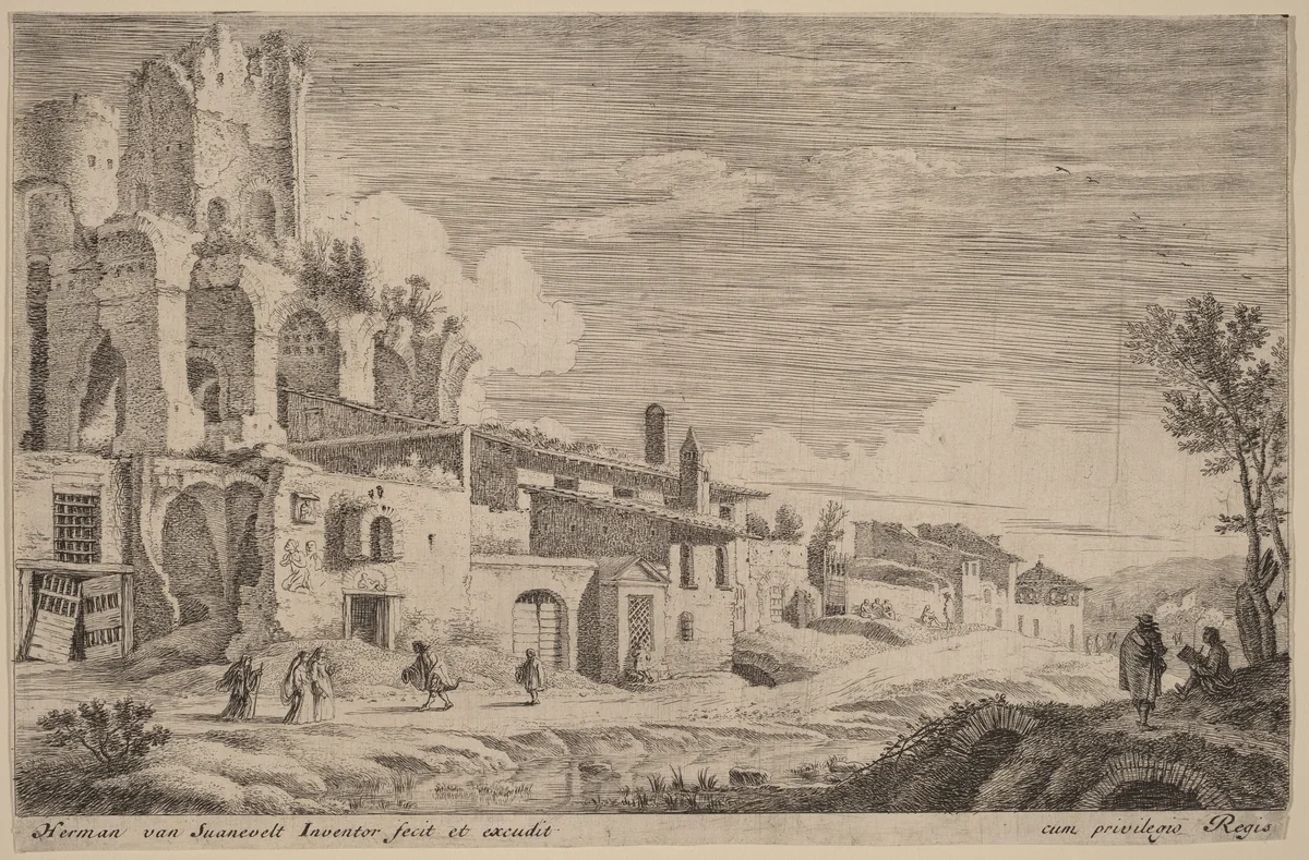 Landscape with an Artist Sketching by Herman van Swanevelt, print, 1600-1655