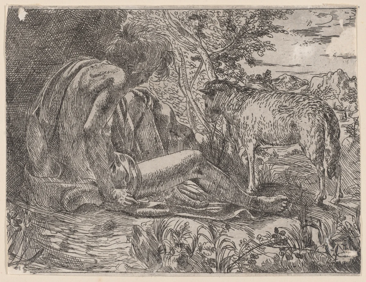 Saint John the Baptist with a lamb by Giovanni Battista Caracciolo, print, 1600-1635