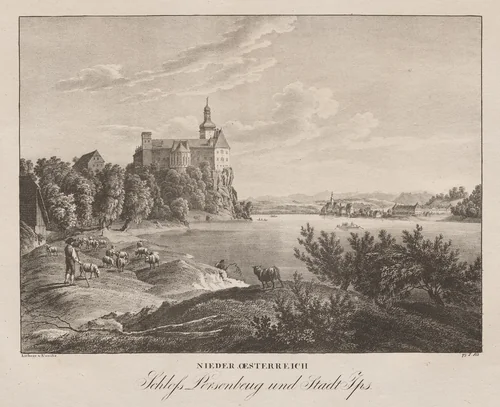 Nieder-oesterreich, Schloss Persenbeug und Stadt Ips by Jakob Alt, print