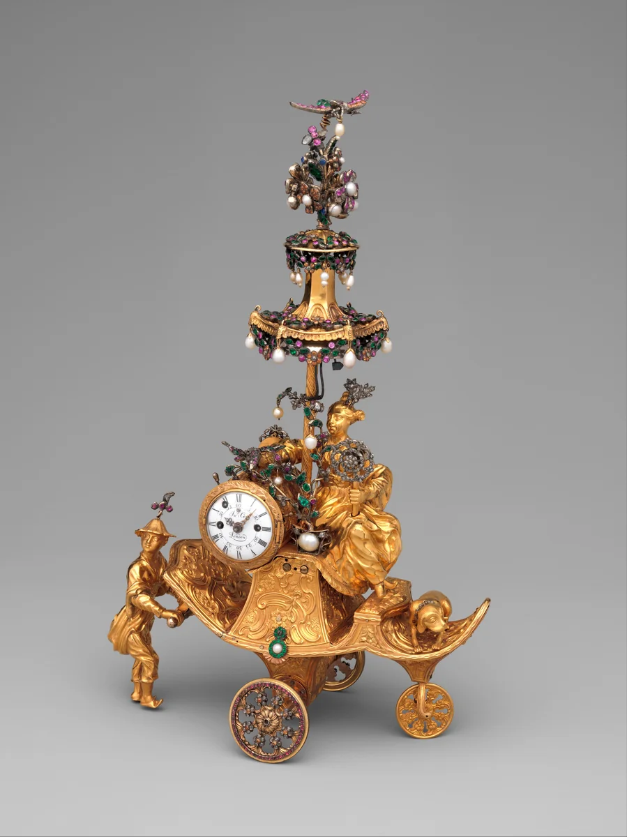 Automaton in the form of a chariot pushed by a Chinese attendant and set with a clock by James Cox, metalwork, 1766