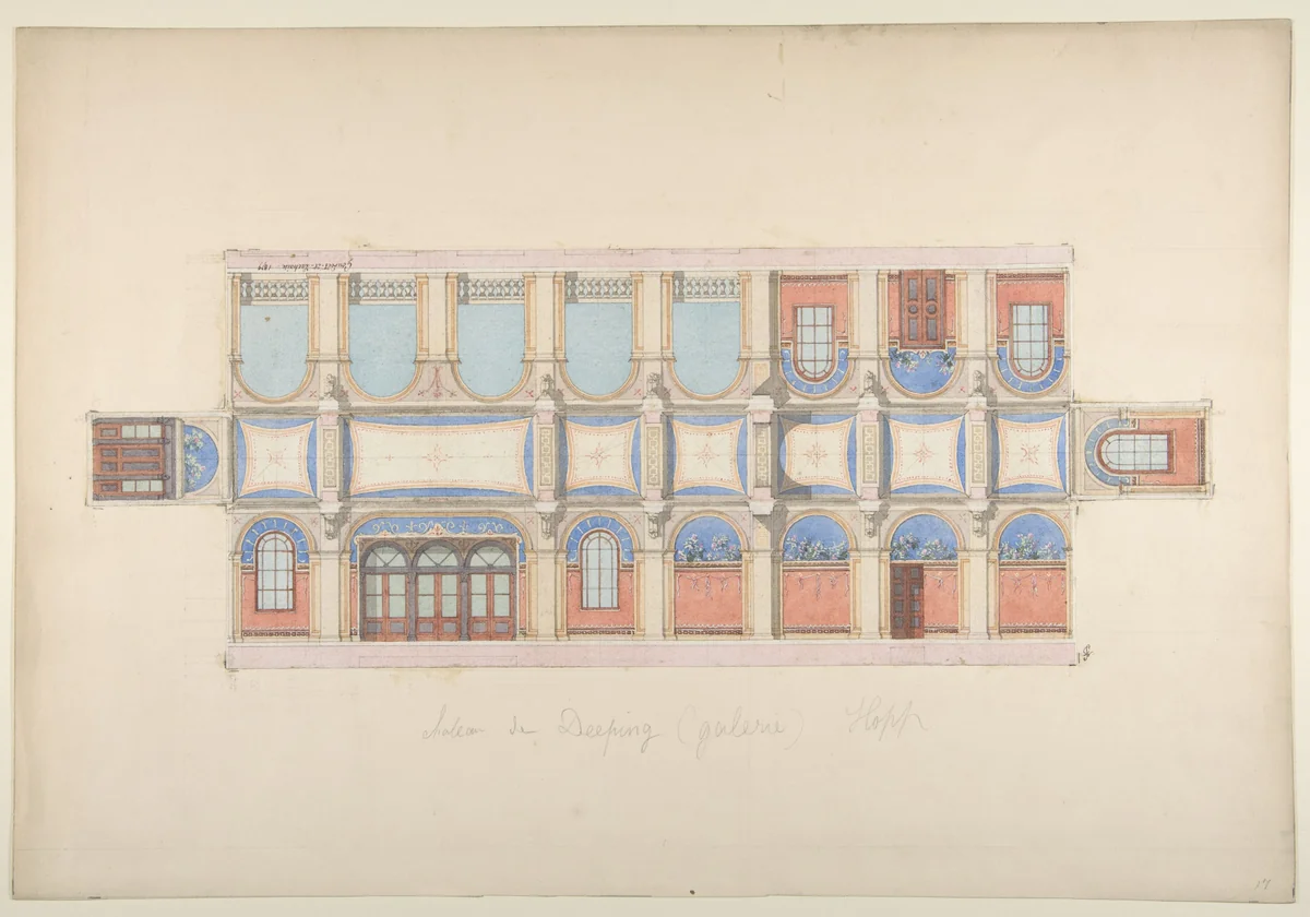 Plan and Elevation of Gallery, Deepdene, Dorking, Surrey by Jules-Edmond-Charles Lachaise, drawing, 1875-1879