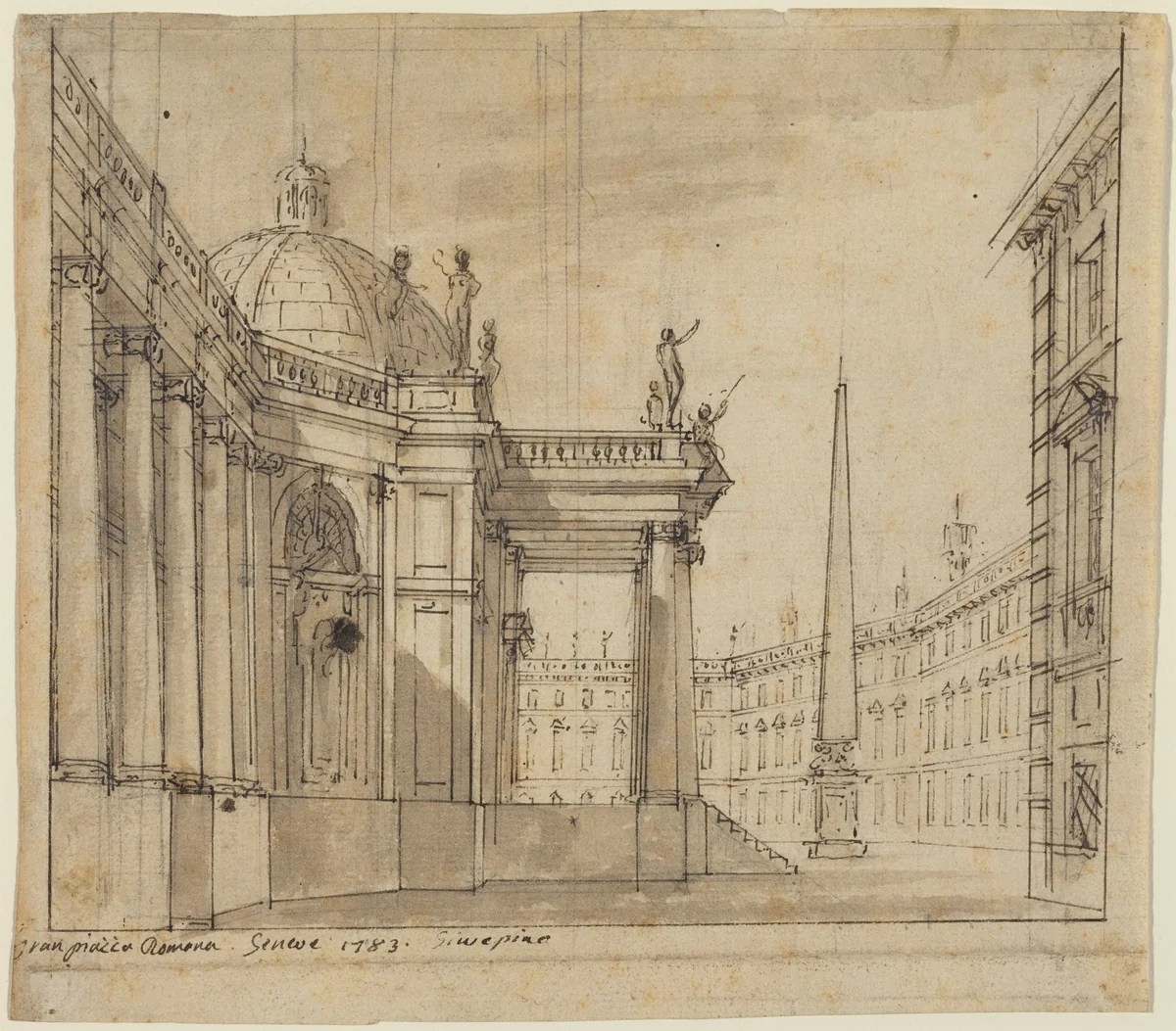 Stage Design: A Piazza with a Domed Church and an Obelisk by Giuseppino Galliari, drawing, 1783