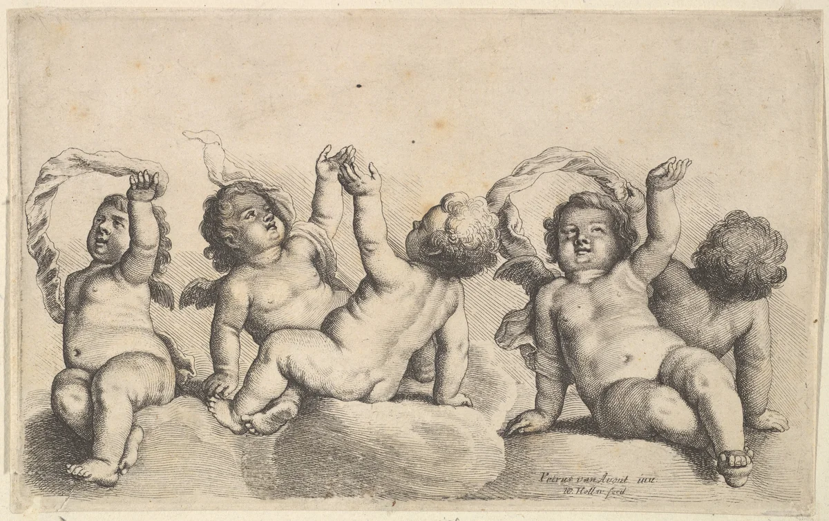 Three cherubs and two boys on clouds, each raising one arm by Wenceslaus Hollar, print, 1646