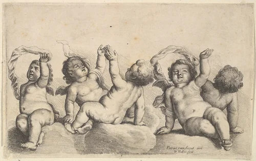 Three cherubs and two boys on clouds, each raising one arm by Wenceslaus Hollar, print, 1646