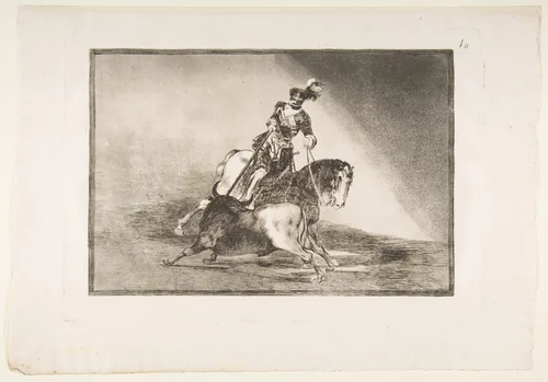 Plate 10 from "La Tauromaquia": Charles V spearing a bull in the ring at Valladolid by Goya, print, 1816