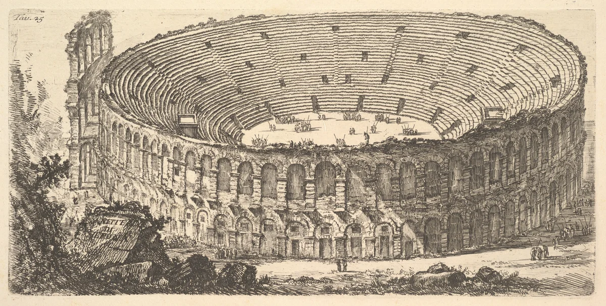 Plate 25: Amphitheater of Verona (Anfiteatro di Verona), from "Alcune Vedute di Archi Trionfali ed altri monumenti inalzati da Romani parte di quali se veggono in Roma e parte per l'Italia" (Some Views of Triumphal Arches and other monuments erected by the Romans, some of which are in Rome and some elsewhere in Italy) by Giovanni Battista Piranesi, print, 1743-1753