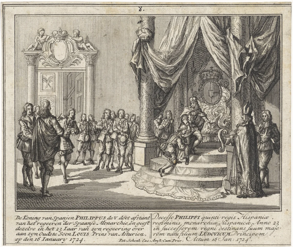 Troonsafstand van Filips V ten behoeve van zijn zoon Lodewijk I by Leonard Schenk, print, 1727