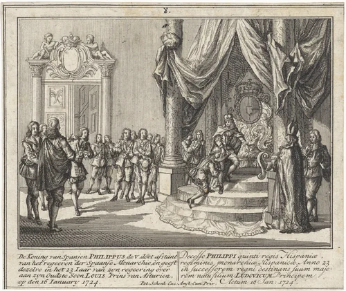 Troonsafstand van Filips V ten behoeve van zijn zoon Lodewijk I by Leonard Schenk, print, 1727