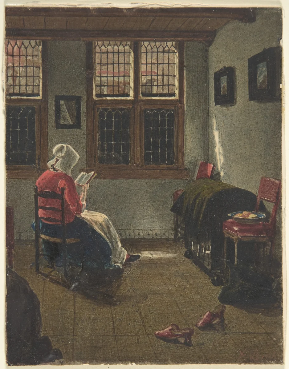 A Woman Reading, after Pieter Janssens Elinga by François Bonvin, drawing, 1846-1847