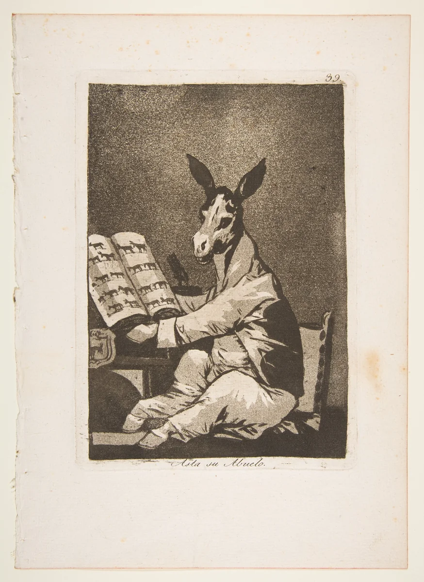 Plate 39 from "Los Caprichos": And so was his grandfather (Asta su Abuelo) by Goya, print, 1799