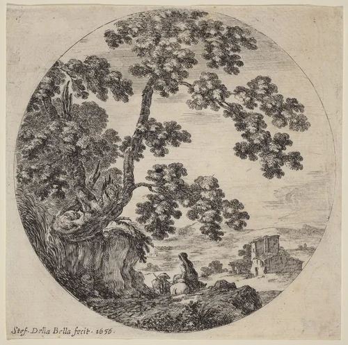 Two Travelers Passing by an Old Oak Tree by Stefano della Bella, print, 1656