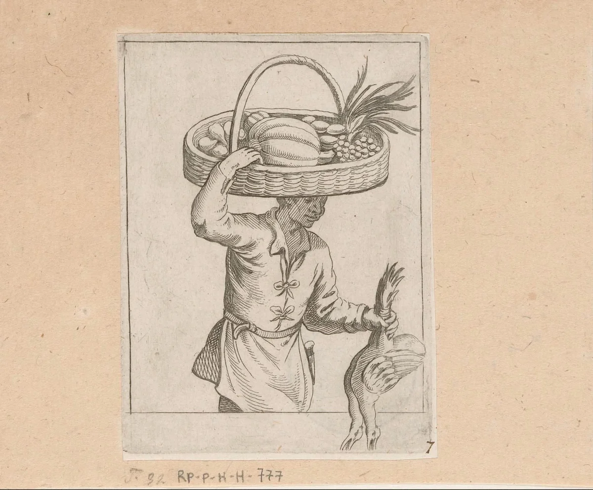 Koopman met vruchten, groente en ganzen by Unknown, print, 1576-1624