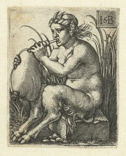 Sater vrouw speelt op een doedelzak by Unknown, print, 1510-1550