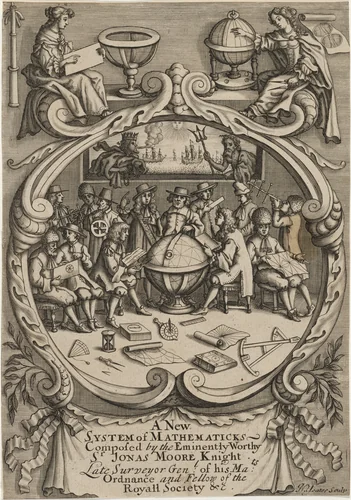 Title Page to A New System of Mathematicks, Composed by Sir Jonas Moore, Knight by Nicholas Yeates, print, 1600-1740