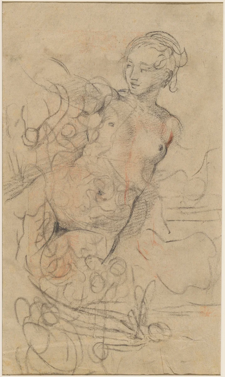 A Reclining Nude with Her Right Arm Raised over a Swift Composition Study [verso] by Jean-Baptiste Deshays, drawing, 1758-1768
