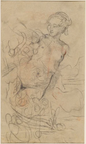 A Reclining Nude with Her Right Arm Raised over a Swift Composition Study [verso] by Jean-Baptiste Deshays, drawing, 1758-1768