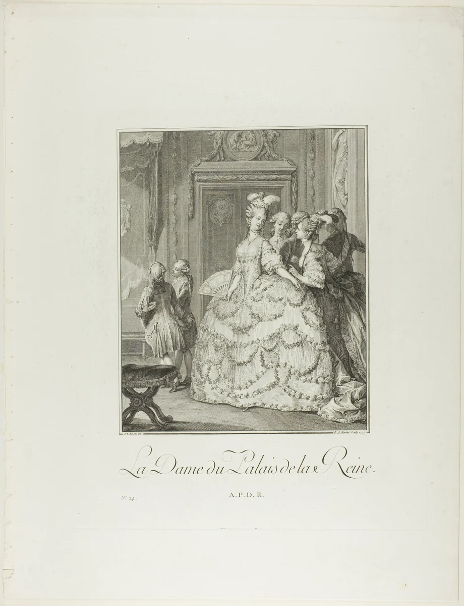 The Queen's Lady-in-Waiting, from Monument du Costume Physique et Moral de la fin du Dix-huitième siècle by Pietro Antonio Martini, print, 1777