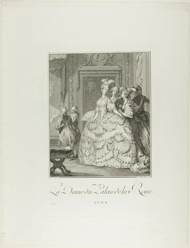 The Queen's Lady-in-Waiting, from Monument du Costume Physique et Moral de la fin du Dix-huitième siècle by Pietro Antonio Martini, print, 1777