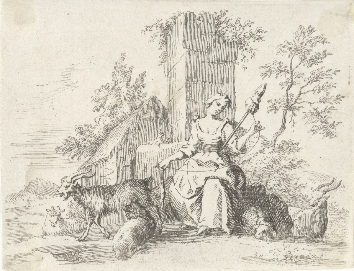 Spinnende herderin by Paul van Somer, print, 1670-1697