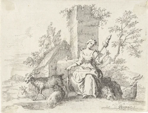 Spinnende herderin by Paul van Somer, print, 1670-1697