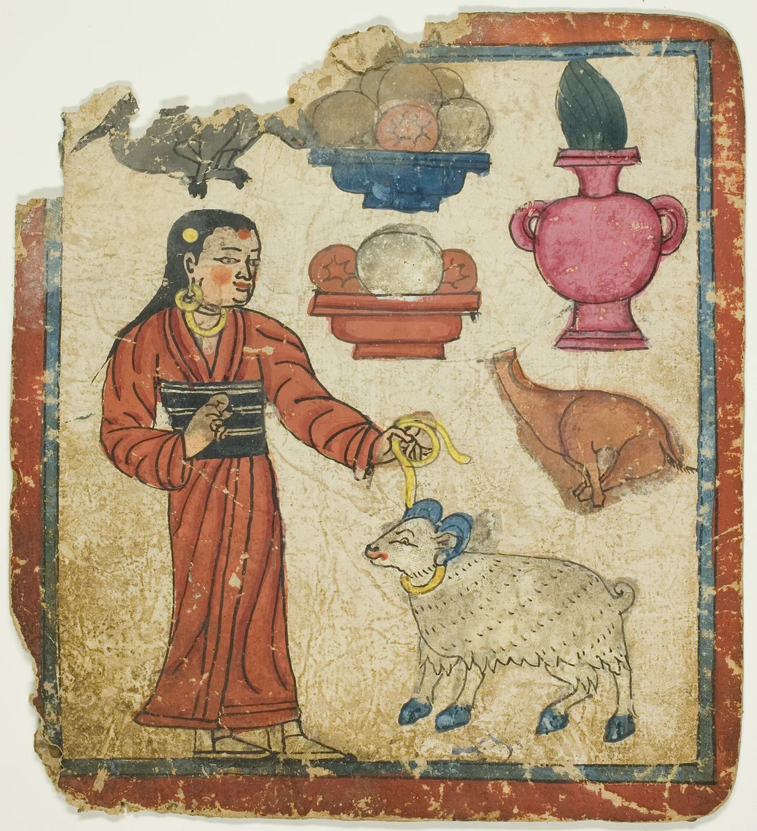 Presentation of Offerings, from a Set of Initiation Cards (Tsakali) by Southern Tibet, drawing, 1301-1500