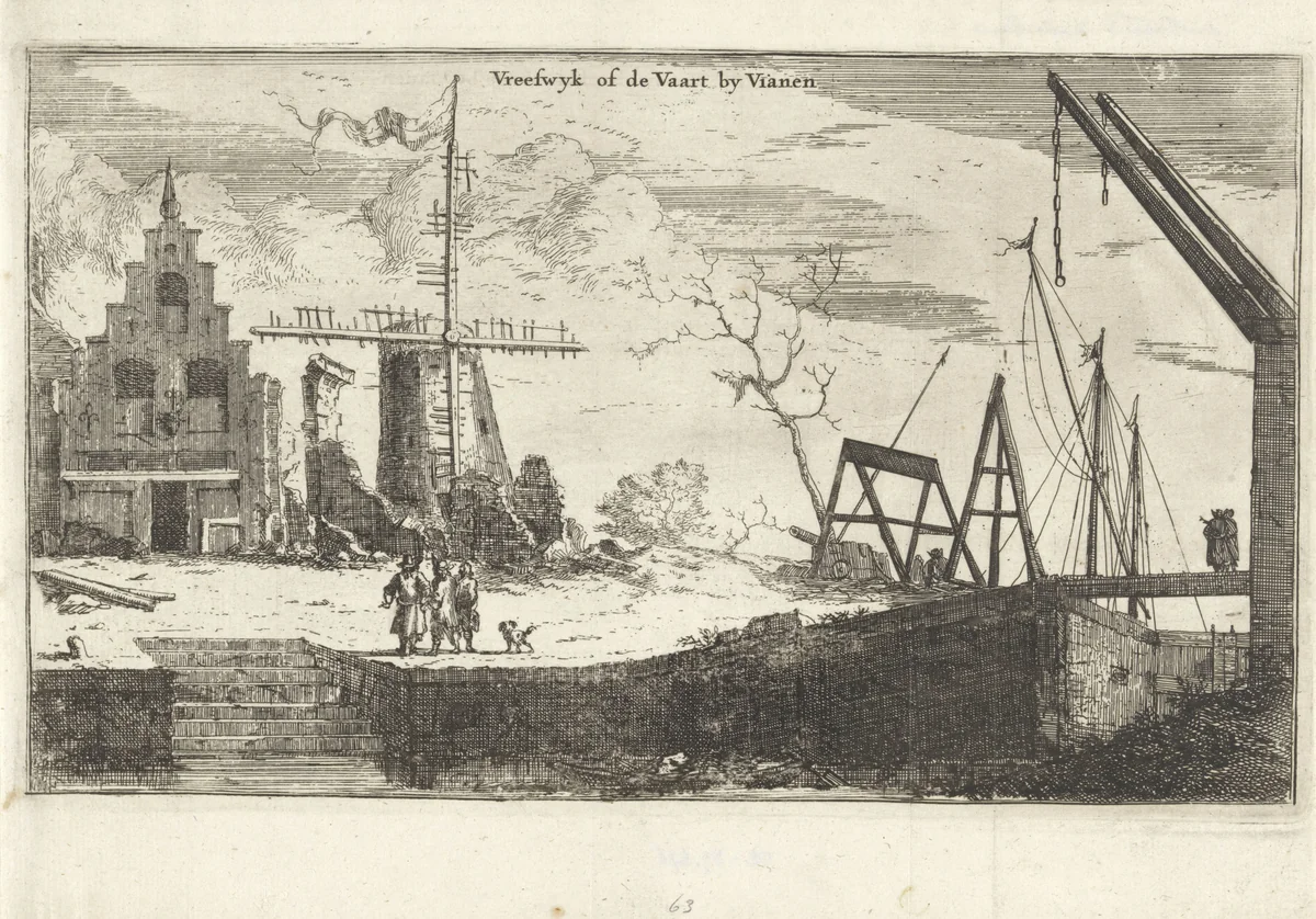 Gebouwen en brug te Vreeswijk bij Vianen, verwoest door de Fransen in 1672 by Isaac Sorious, print, 1672-1676