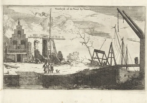 Gebouwen en brug te Vreeswijk bij Vianen, verwoest door de Fransen in 1672 by Isaac Sorious, print, 1672-1676