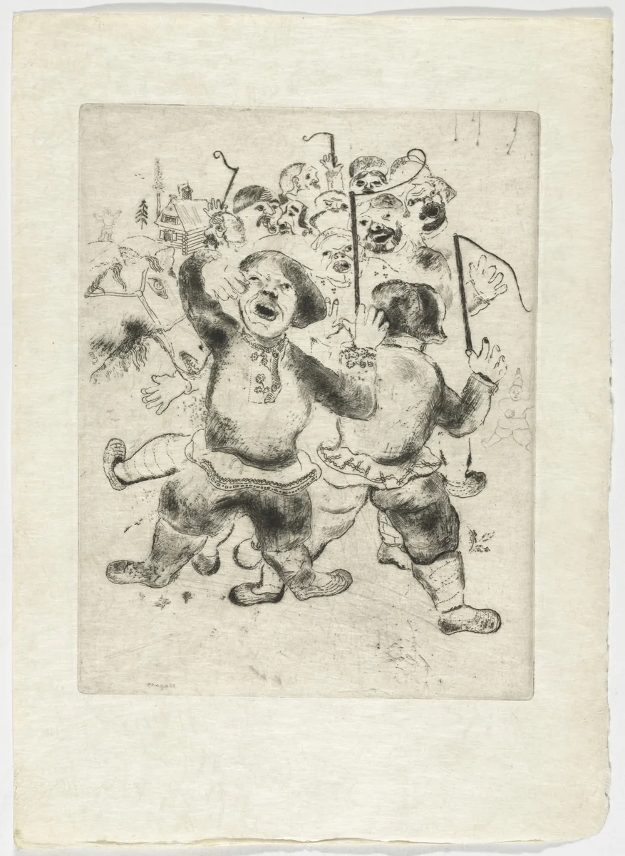 Mob of Peasants (Attroupement des paysans), plate XXVIII (supplementary suite) from Les Âmes mortes by Marc Chagall, illustrated book, 1923