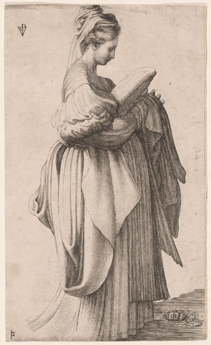 A Young Woman Holding a Cushion by Parmigianino, print, 1643