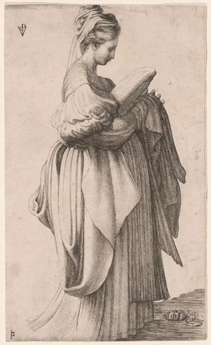 A Young Woman Holding a Cushion by Parmigianino, print, 1643