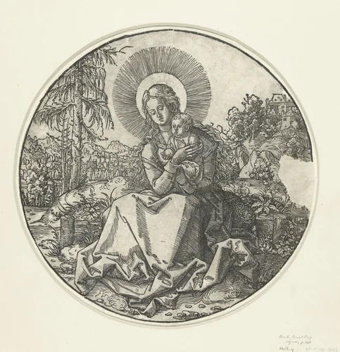 Zittende Madonna met kind in een landschap by anonymous, print, 1500-1600