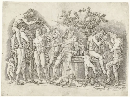 Bacchanaal met satyrs en bacchanten bij wijnpers by Andrea Mantegna, print, 1473-1477