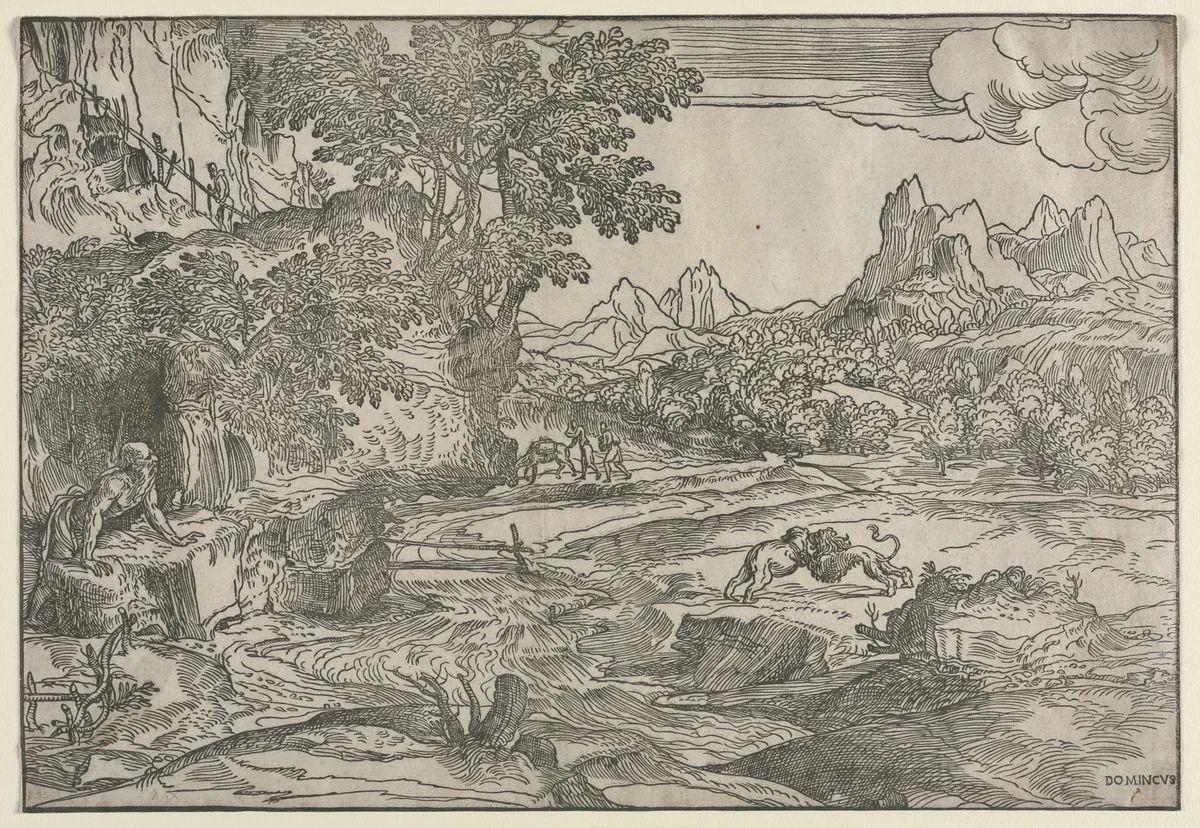 Landscape with Saint Jerome and Two Lions by Domenico Campagnola, print, 1530-1535