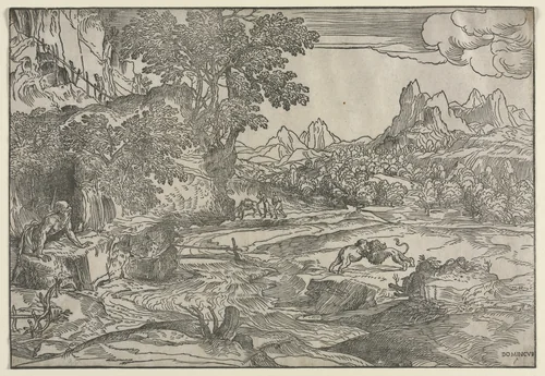 Landscape with Saint Jerome and Two Lions by Domenico Campagnola, print, 1530-1535