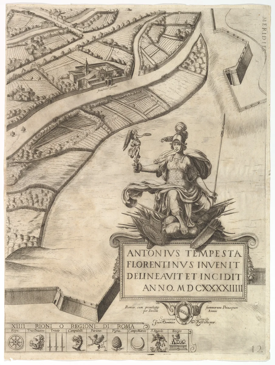 Plan of the City of Rome. Part 12 with the Southwestern Border of the City and a Large Cartouche with Signature by Tempesta. by Antonio Tempesta, print, 1645