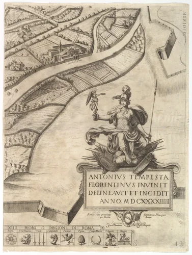 Plan of the City of Rome. Part 12 with the Southwestern Border of the City and a Large Cartouche with Signature by Tempesta. by Antonio Tempesta, print, 1645
