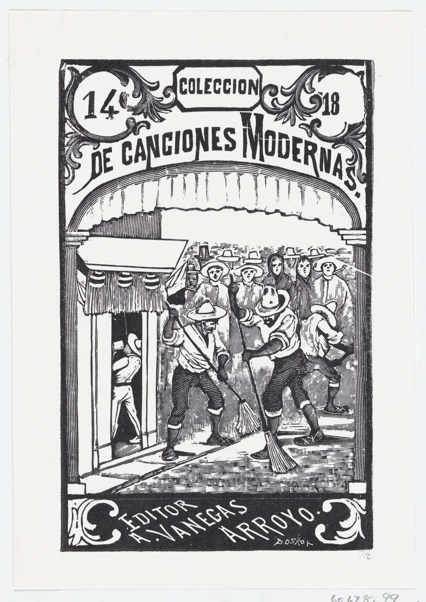 Two men sweeping the street while a crowd of people in the background watch, illustration for 'Coleccion de Canciones Modernas Cuaderno No. 14,' edited by Antonio Vanegas Arroyo by José Guadalupe Posada, print, 1891