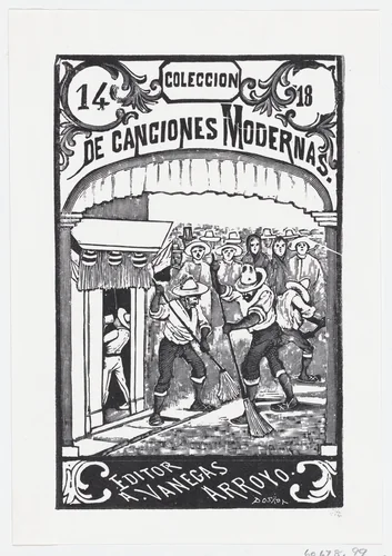 Two men sweeping the street while a crowd of people in the background watch, illustration for 'Coleccion de Canciones Modernas Cuaderno No. 14,' edited by Antonio Vanegas Arroyo by José Guadalupe Posada, print, 1891