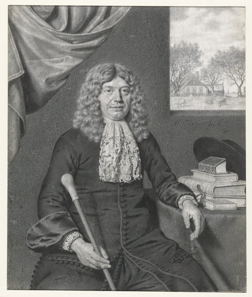 Portrait of a Gentleman, Seated next to a Table Full of Books by Jan Thopas, drawing, 1675-1680