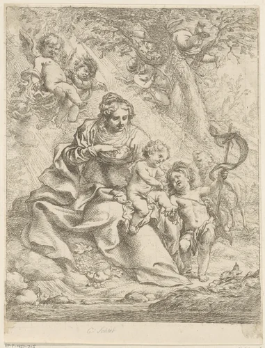 Maria zittend in een landschap met het Christuskind op de schoot en vóór haar de kleine Johannes by Cornelis Schut, print, 1618-1655