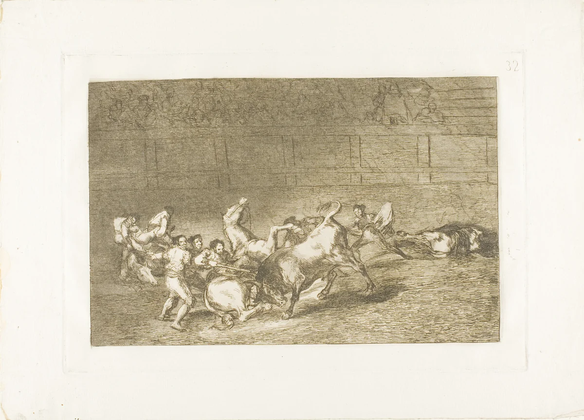 Two teams of picadors thrown one after the other by a single bull, plate 32 from The Art of Bullfighting by Francisco José de Goya, print, 1814-1816