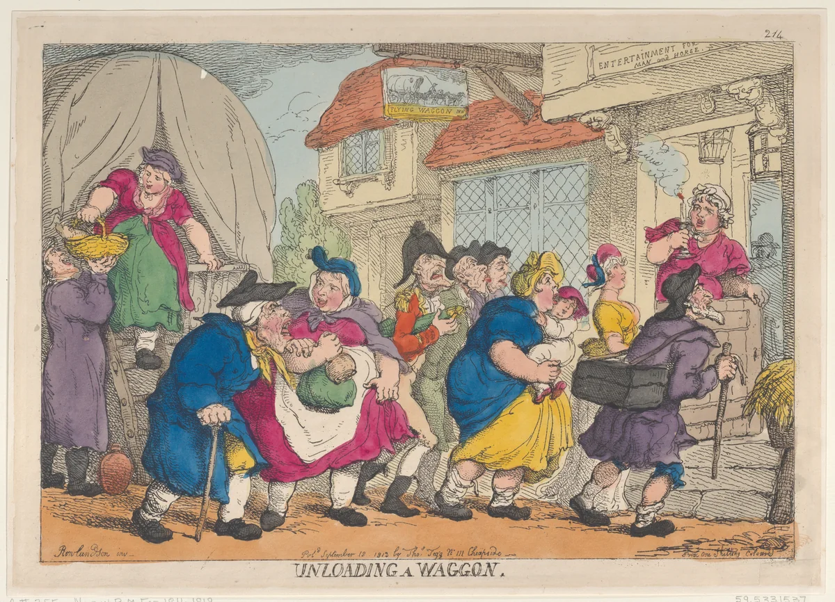 A Doleful Disaster, or Miss Fubby Fatarmin's Wig Caught Fire by Thomas Rowlandson, print, 1813