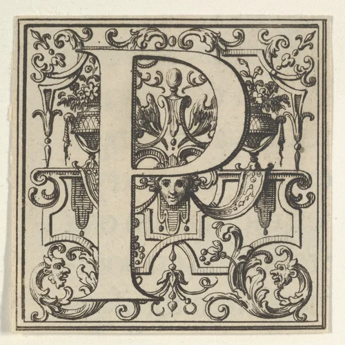 Roman Alphabet letter P with Louis XIV decoration by Bernard Picart, print, 1700-1733
