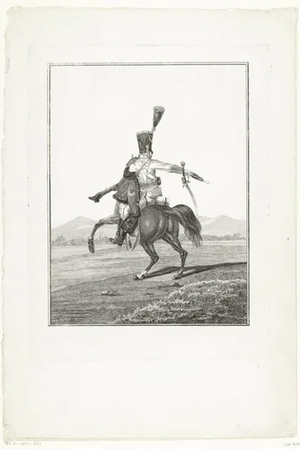 Huzaar te paard, een charge uitvoerend, met een pistool in zijn hand by Joannes Bemme, print, 1800-1841