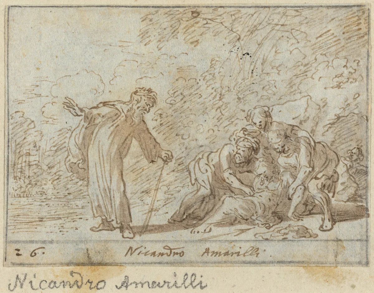 Nicandro and Amarilli by Johann Wilhelm Baur, drawing, 1640