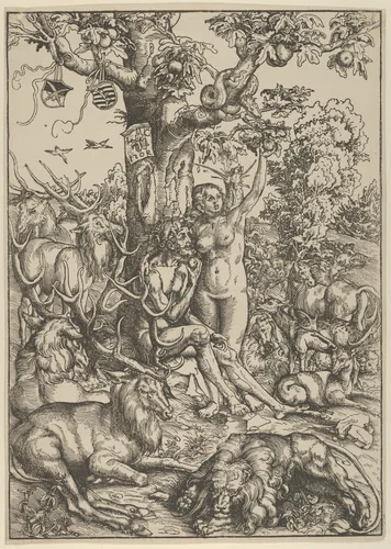 Adam and Eve in Paradise by Lucas Cranach, print, 1509