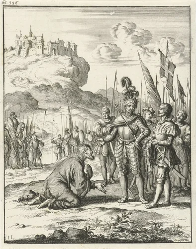 Isaac Komnenos van Cyprus ligt geknield voor Richard Leeuwenhart by Jan Luyken, print, 1683